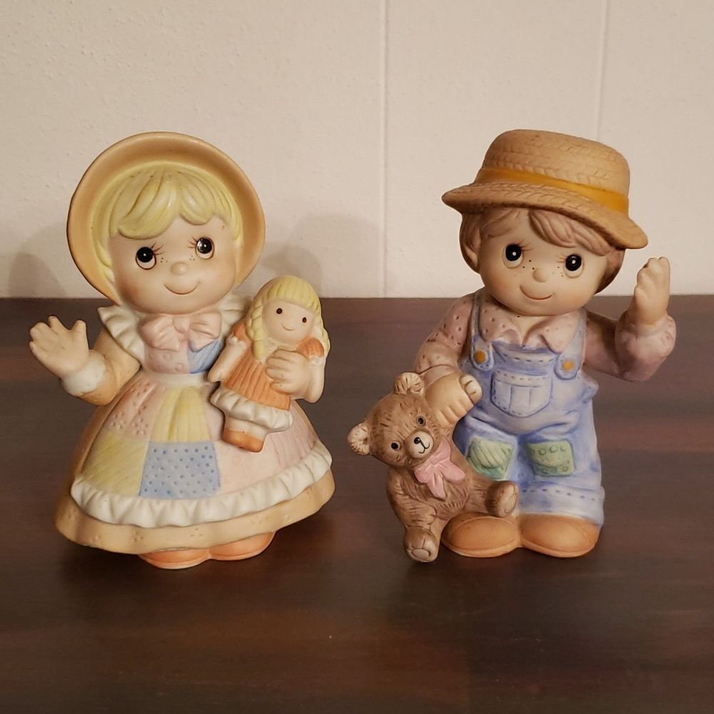 Vtg Homco Girl with Doll and Boy with Bear Patchwork Bisque Porcelain Figurines
